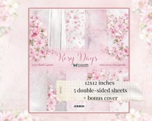 12 x 12, 5 sheets, rosy days, scrapandme, sheets for cutting, scrapbooking paper set 12 x 12, 5 sheets, card stock, flowers, leaves pattern