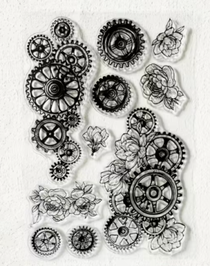 silicone stamp | vintage industrial steampunk gear & floral transparent stamp | card making & scrapbook decoration