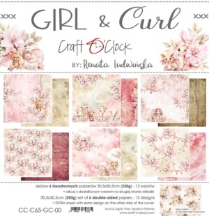 paper collection set 12x12 in girl & curl, 250 gsm (6 double‑sided sheets + bonus) – craft o’clock