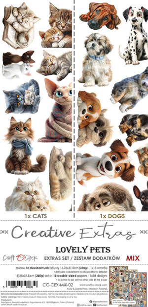 creative extras set mix 02 – dogs and cats 6x12 scrapbooking paper pack | 18 sheets | craft o'clock