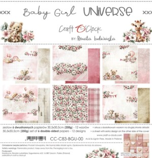 12x12 scrapbook paper pack | baby girl universe | 6 double sided sheets | craft o'clock