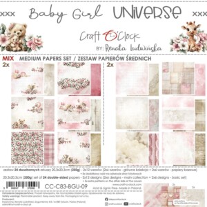 8x8 scrapbook paper pack | baby girl universe | 24 double sided sheets | craft o'clock