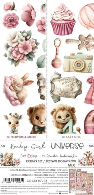 6x12 fussy cut scrapbooking paper set | baby girl universe | 18 sheets | craft o'clock
