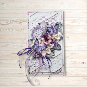 luxury handmade birthday card for her, purple butterfly greeting card, floral 3d card, elegant anniversary card, gift box included